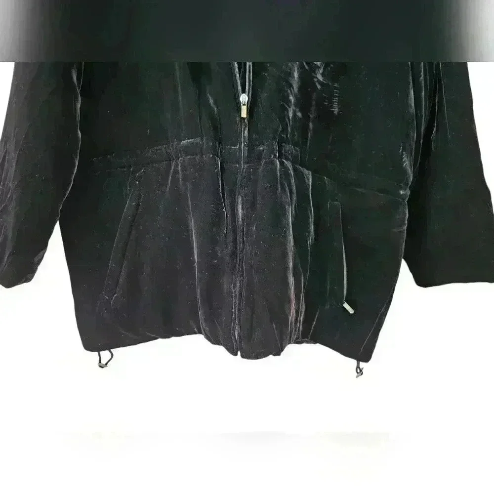 WOMENS LAUREN RALPH LAUREN BLACK VELVET SILK HOODED COAT PARKA LARGE - Picture 6 of 13